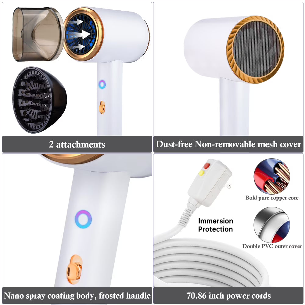 Ionic Hair Dryer, 2100W Professional Blow Dryer, Negative Ion Technolog Drying with 3 Heating, 2 Speed, 2 Nozzle for Home Salon Travel