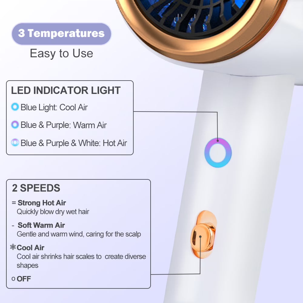 Ionic Hair Dryer, 2100W Professional Blow Dryer, Negative Ion Technolog Drying with 3 Heating, 2 Speed, 2 Nozzle for Home Salon Travel