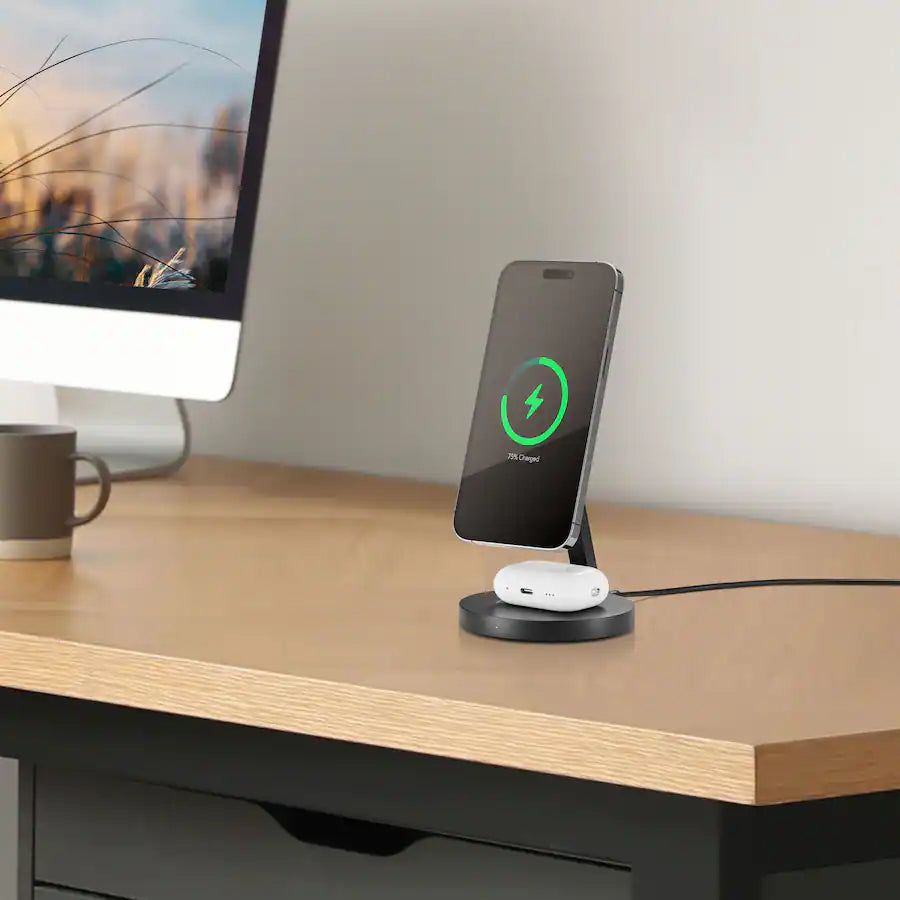 2-in-1 Fast Wireless Charging Stand with 20W Total Output for iPhone, AirPods, and More - Black