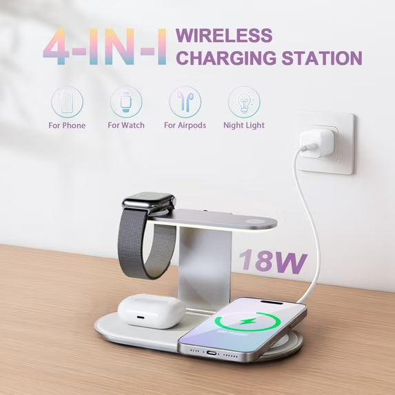 4 in 1 Charging Station,MagSafe Wireless Charger with Three Level soft Night Light