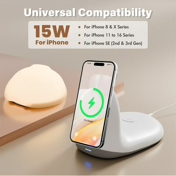 Charging Station, Wireless Charger, for iPhone 17 16 15 14 13 12, Desktop Nightstand, Detachable LED Lamp Bedside, Cordless Light, Snail-Shaped